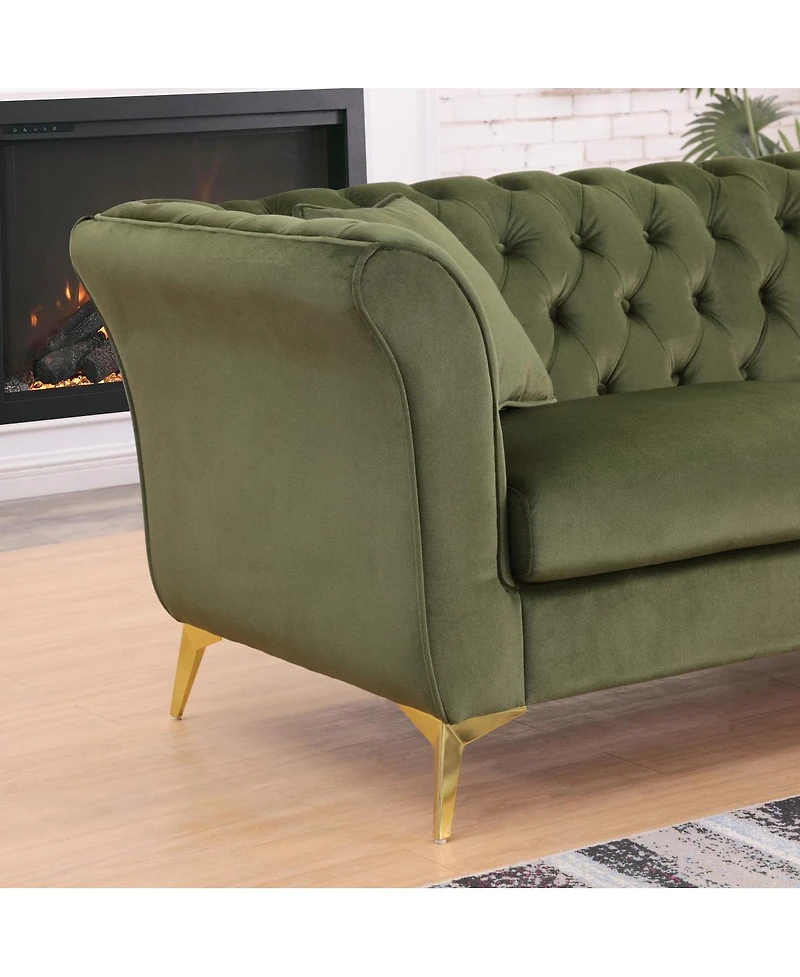 Streamdale Furniture Chesterfield Stanford sofa, green tufted fabric, scroll arm/back loveseater
