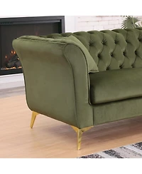 Streamdale Furniture Chesterfield Stanford sofa, green tufted fabric, scroll arm/back loveseater