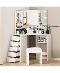 gaomon Corner Vanity and Stool, Desk with Mirror Lights, Makeup Power Outlet