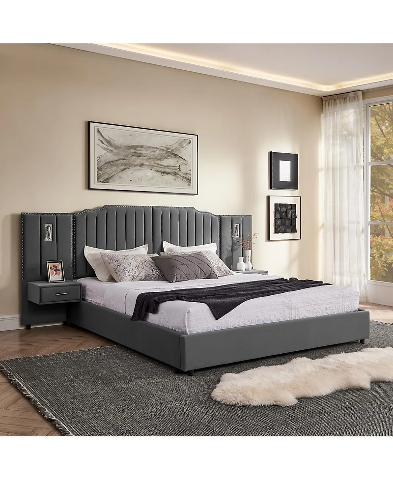 Streamdale Furniture King Size Velvet Upholstered Bed Frame with Vertical Stripes & Headboard