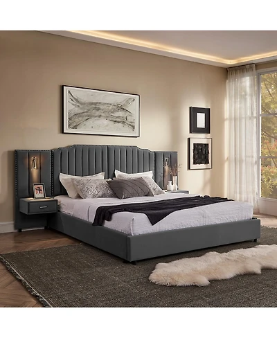 Streamdale Furniture King Size Velvet Upholstered Bed Frame with Vertical Stripes & Headboard