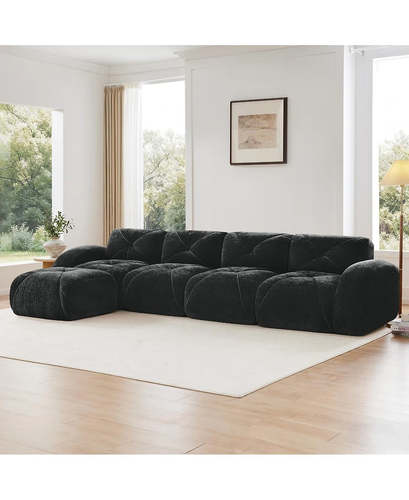 Streamdale Furniture L-shaped Velvet Tufted Sofa with Movable Ottoman