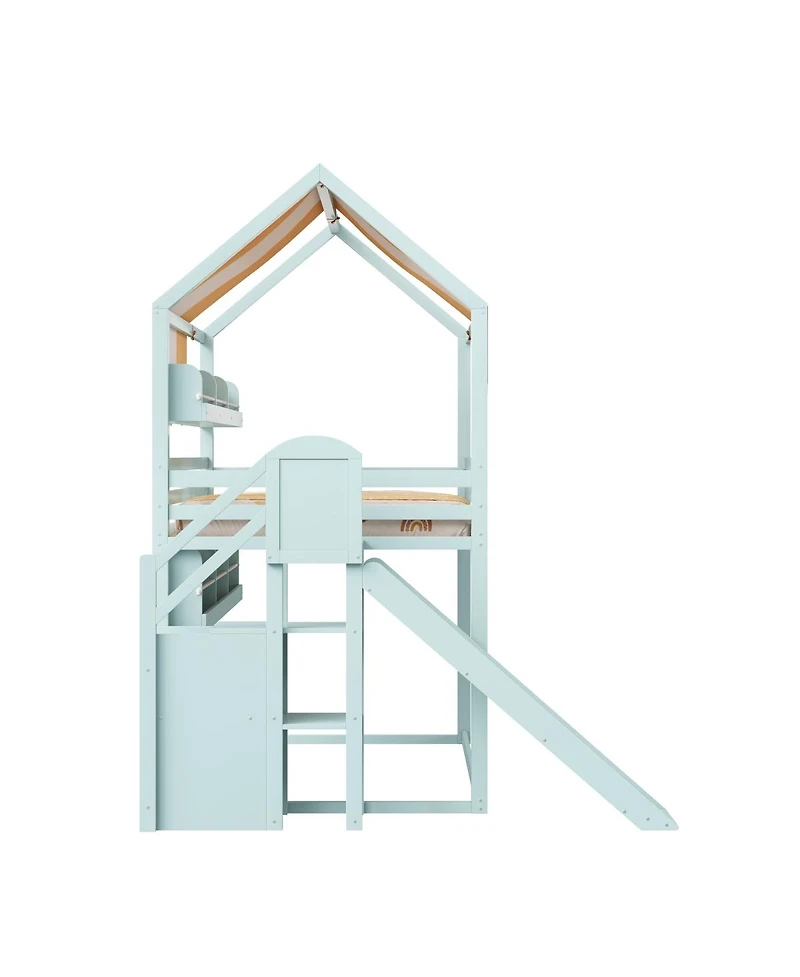 Streamdale Furniture Full house Bed with Canopy, Slide & Built-In Bookshelves