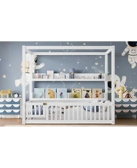 Streamdale Furniture Twin Size Solid Wood Canopy Floor Bed with Guardrails & Shelves - White