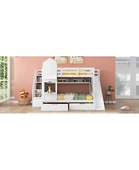 Streamdale Furniture Full-Over-Full Castle Style Bunk Bed with 2 Drawers 3 Shelves and Slide