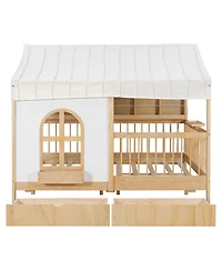 Streamdale Furniture Full Size House Bed with 2 Large Drawers, Side Bookshelf with Led Strip, Natural