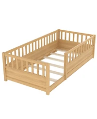 Streamdale Furniture Twin Size Montessori Floor Bed with High Security Barrier and Door, Natural