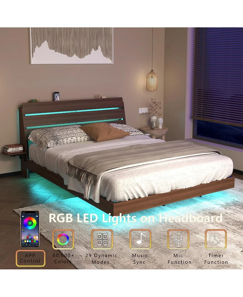 Streamdale Furniture Floating Bed Frame Queen w/ Led Lights & Charging Station