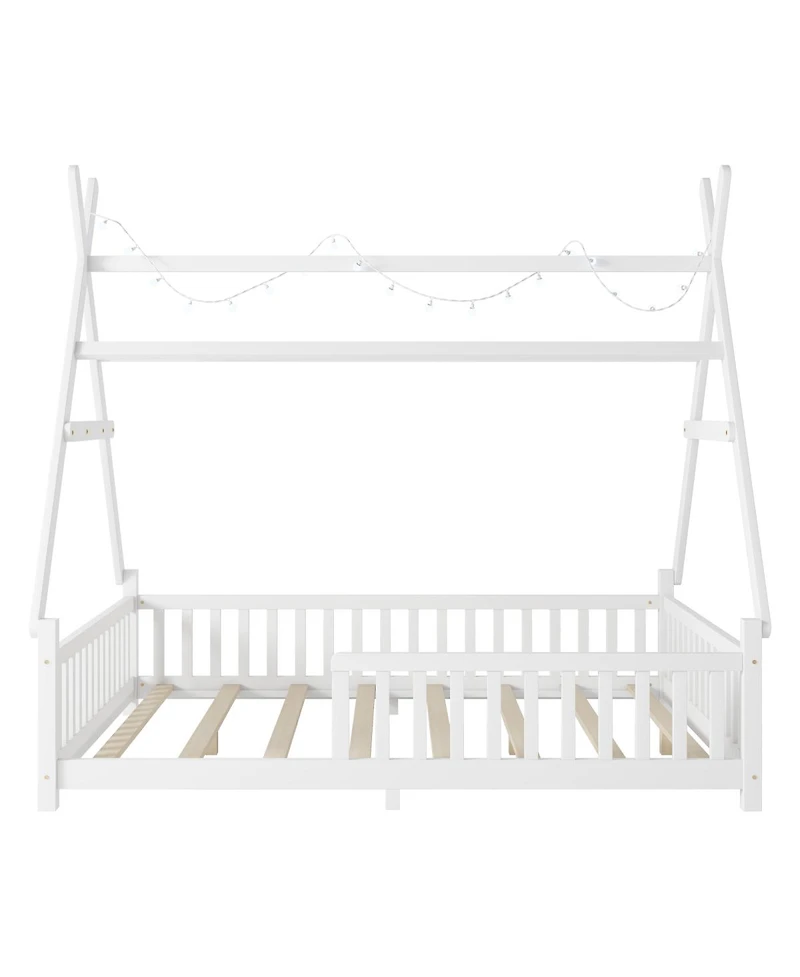 Streamdale Furniture House Bed with Light, Low Floor House Bed with Fence and Roof