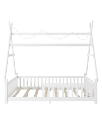 Streamdale Furniture House Bed with Light, Low Floor House Bed with Fence and Roof