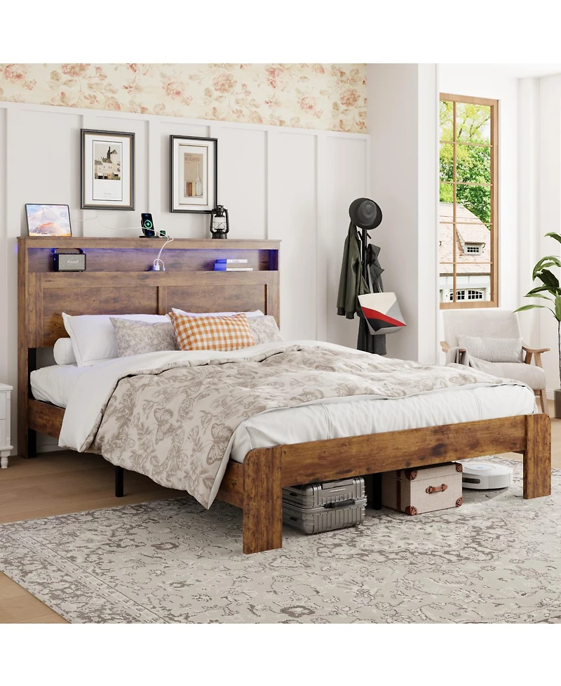 Streamdale Furniture Wood Queen Platform Bed Frame with Storage, Led Headboard, Usb
