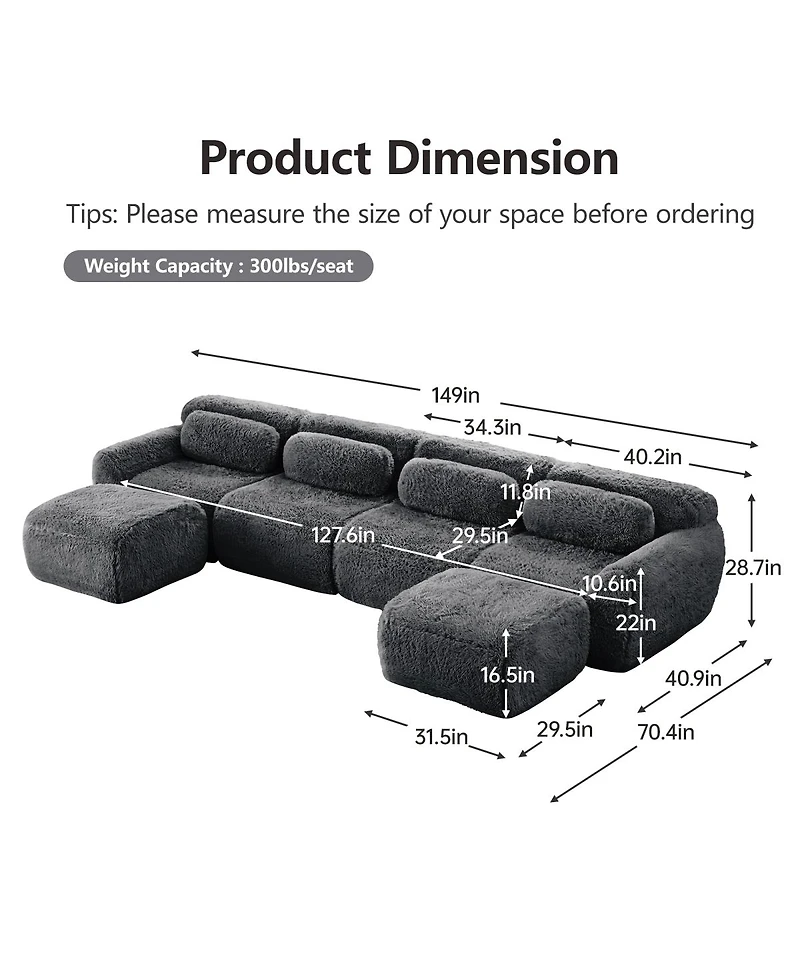 Streamdale Furniture U-shaped Boneless Sofa, 32D High Density Sponge, Anti-Slip, No Assembly, Ergonomic, Dark Gray