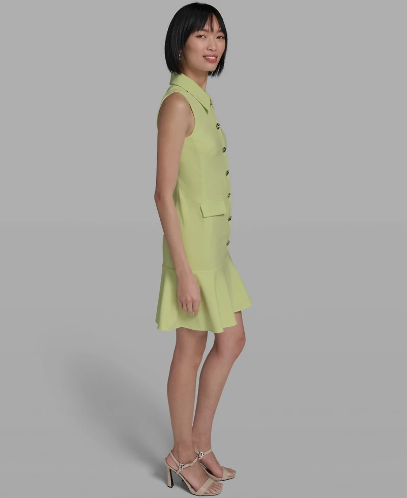 Karl Lagerfeld Paris Women's Flower-Button Collared Sleeveless Shift Dress