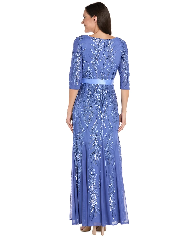 R & M Richards Women's Sequin 3/4-Length Sleeve Ball Gown