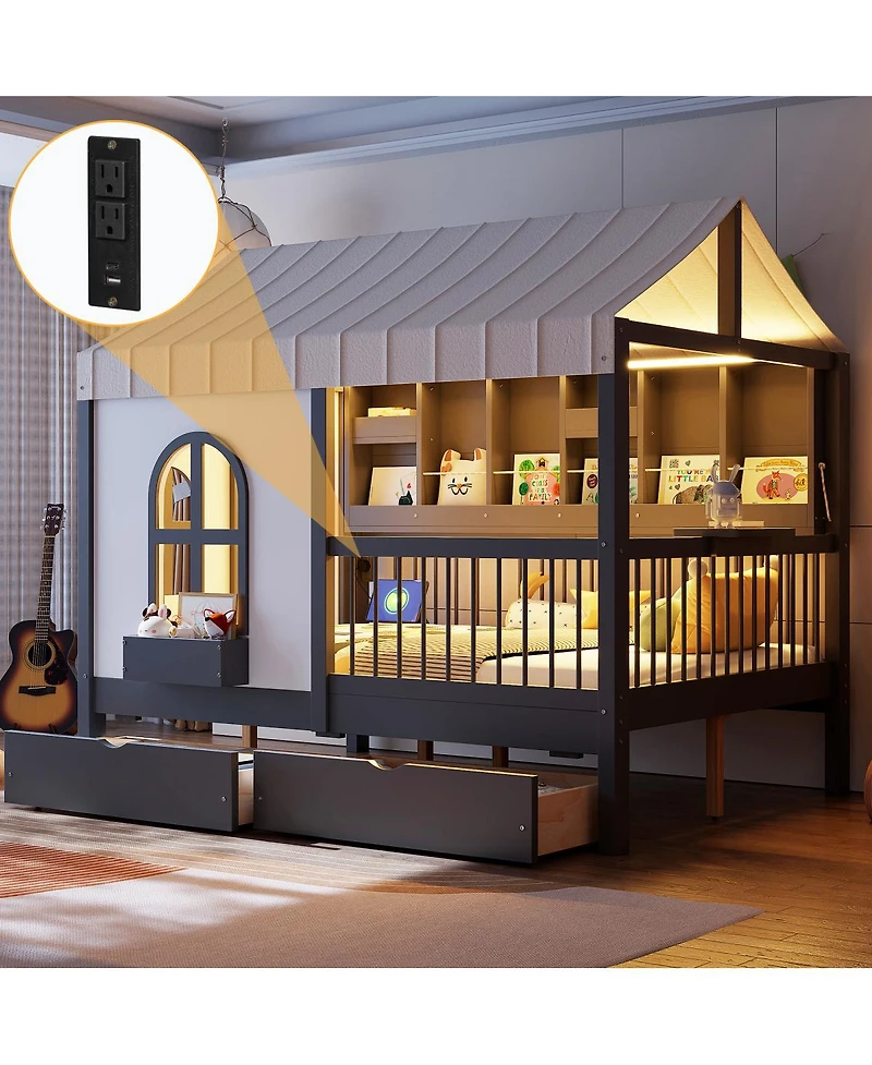 Streamdale Furniture Full Size House Bed with 2 Large Drawers, Side Bookshelf with Led Strip