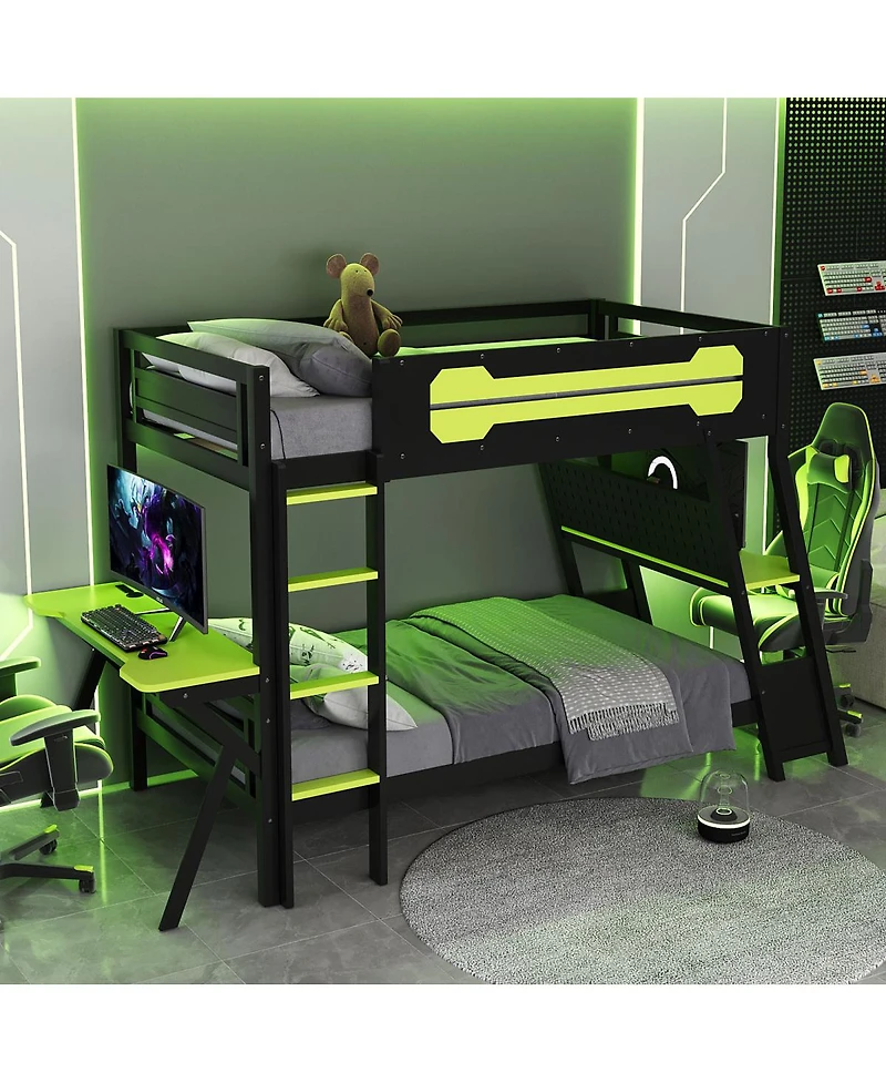 Streamdale Furniture Twin Gaming Bunk Bed with Desks & Usb Ports