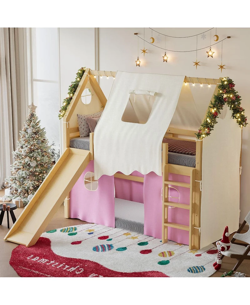 Streamdale Furniture Twin Size House Loft Bed with Slide, Lights, and Tents