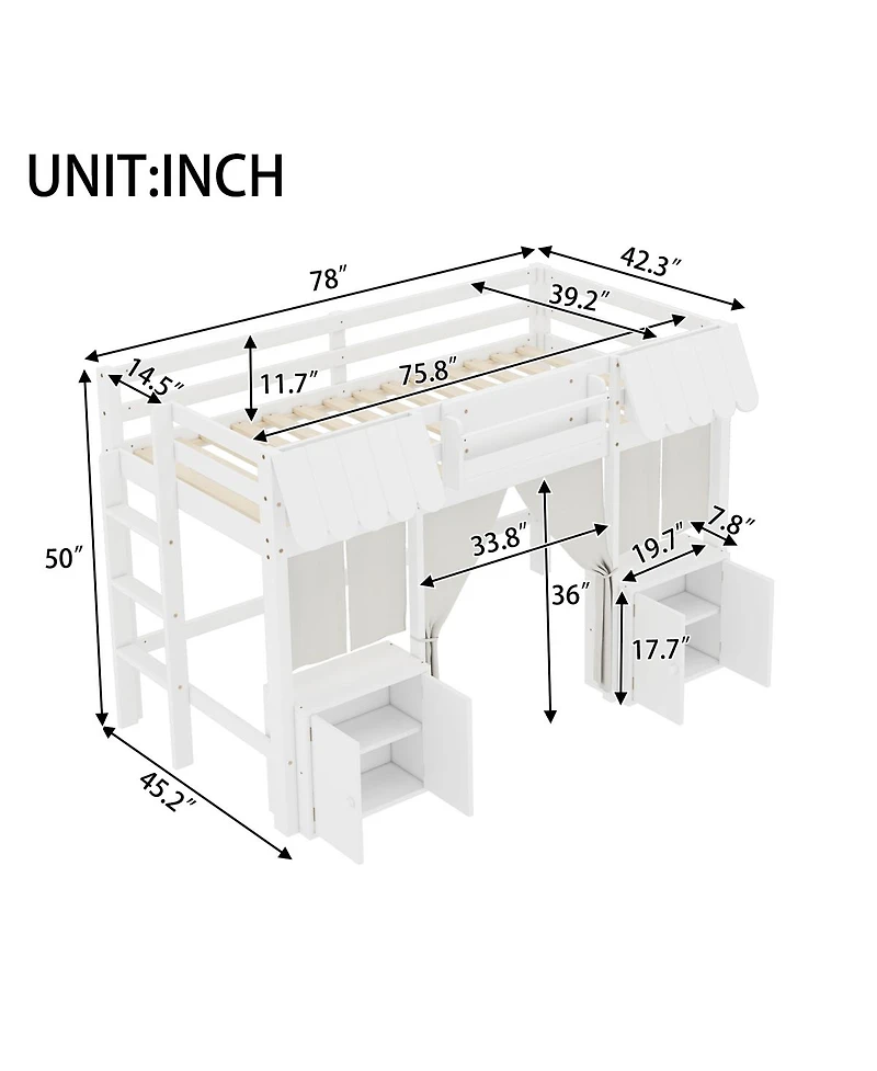 Streamdale Furniture Twin Loft Bed with Bookshelf, Curtain, Storage, Playful Design