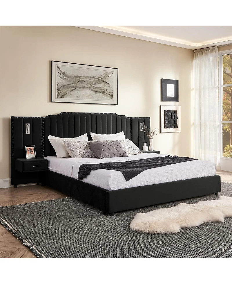 Streamdale Furniture King Size Upholstered Bed Frame with Vertical Stripes & Buttons - No Box Spring Needed