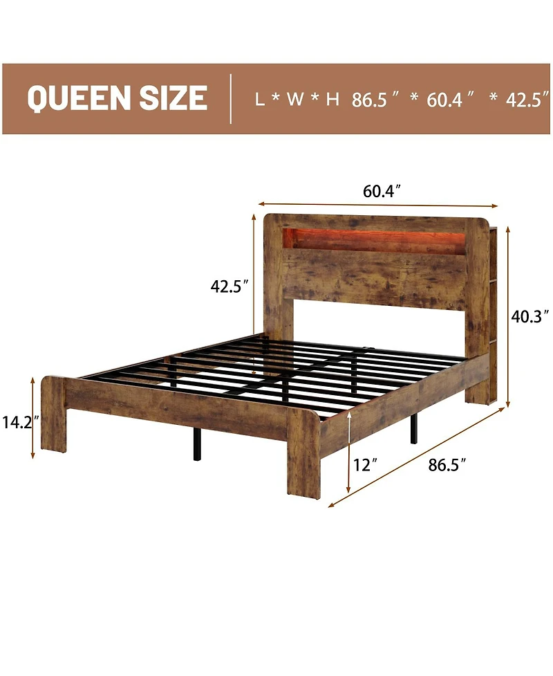 Streamdale Furniture Wood Platform Bed Frame Queen w/Storage, Led, Usb