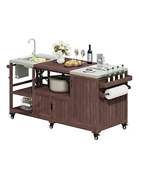 Streamdale Furniture Outdoor Kitchen Island with Sink, Solid Wood Grill Cart for Xl Green Egg, Rolling Bar Cart, Brown