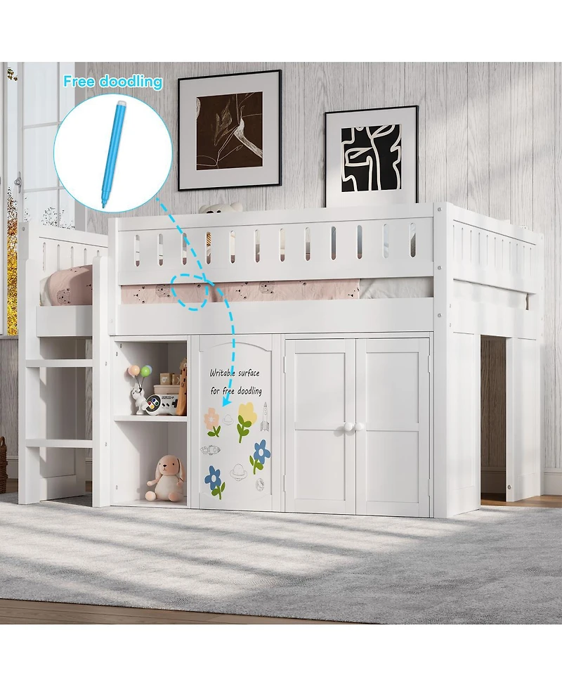 Streamdale Furniture Loft Bed with Storage Cabinet and Chalkboard Panel