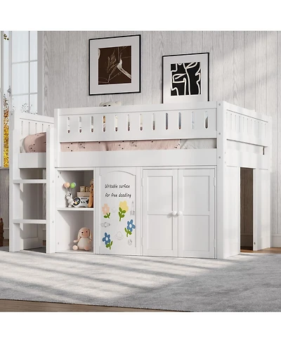 Streamdale Furniture Loft Bed with Storage Cabinet and Chalkboard Panel