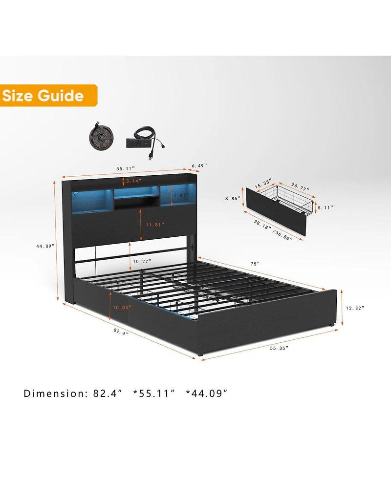 Streamdale Furniture Full Bed Frame with 4 Storage Drawers, Headboard, Led & Charging Station