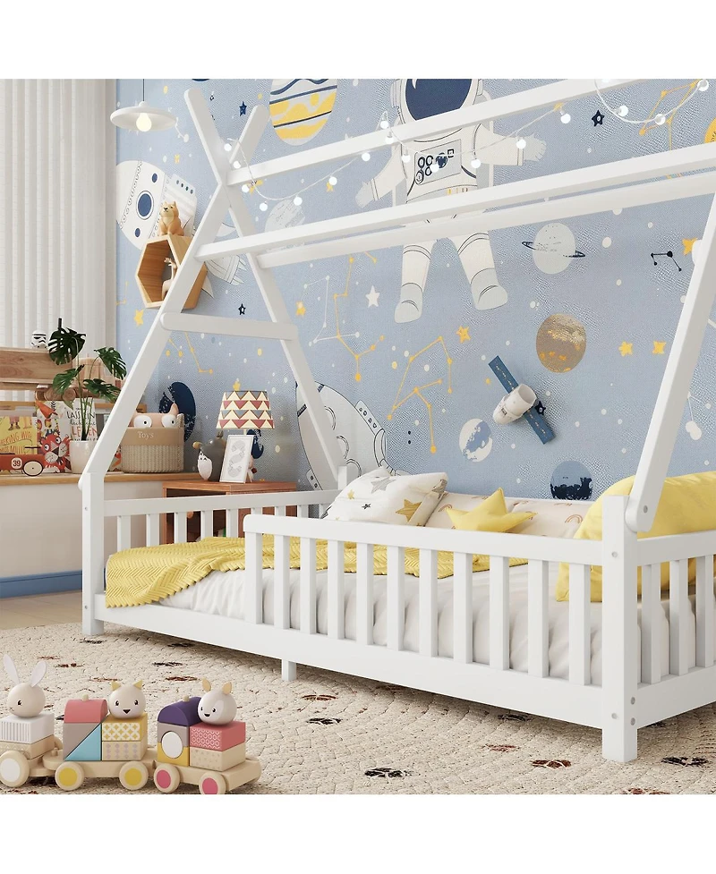 Streamdale Furniture Twin House Bed with Light, Low Floor House Bed with Fence and Roof