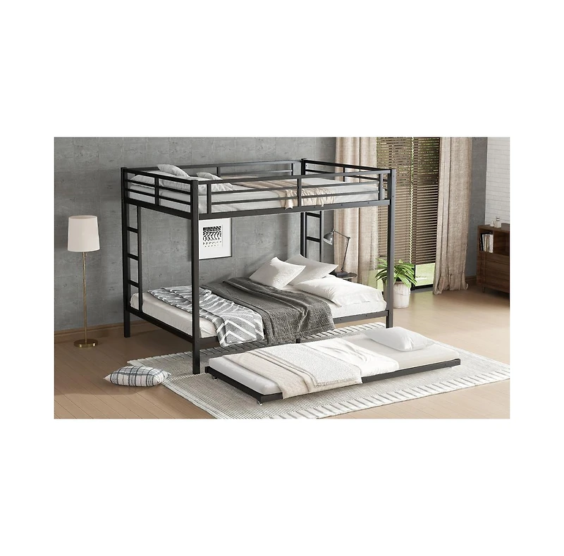 Streamdale Furniture Queen over Queen Metal Bunk Bed with Twin Size Trundle