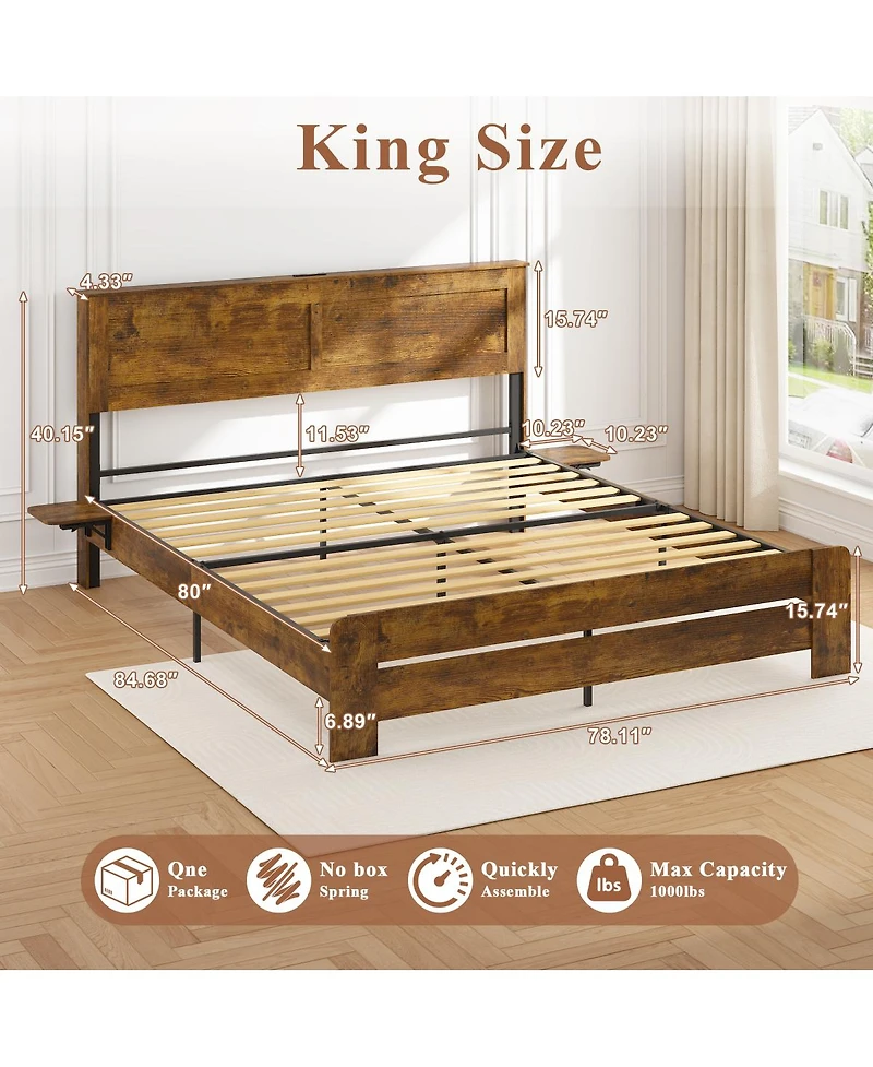 Streamdale Furniture Farmhouse King Bed Frame w/ Storage Shelf, Led Lights & Charging Station