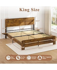 Streamdale Furniture Farmhouse King Bed Frame w/ Storage Shelf, Led Lights & Charging Station