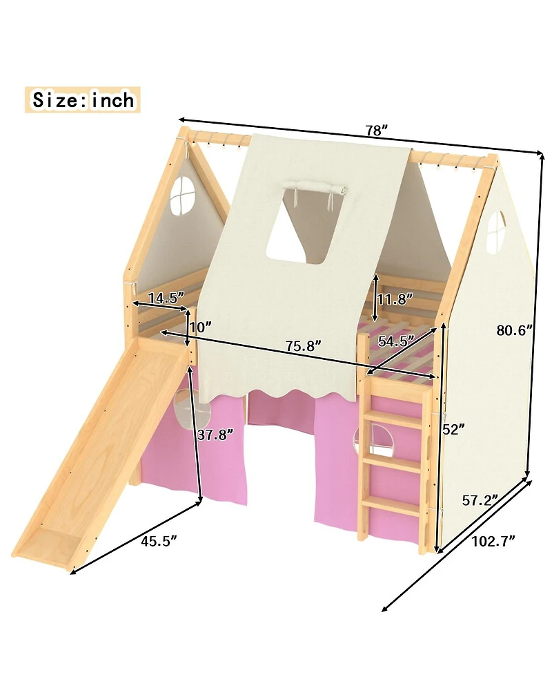 Streamdale Furniture Full Size House Loft Bed with Sills, Tents, Lights, Slide