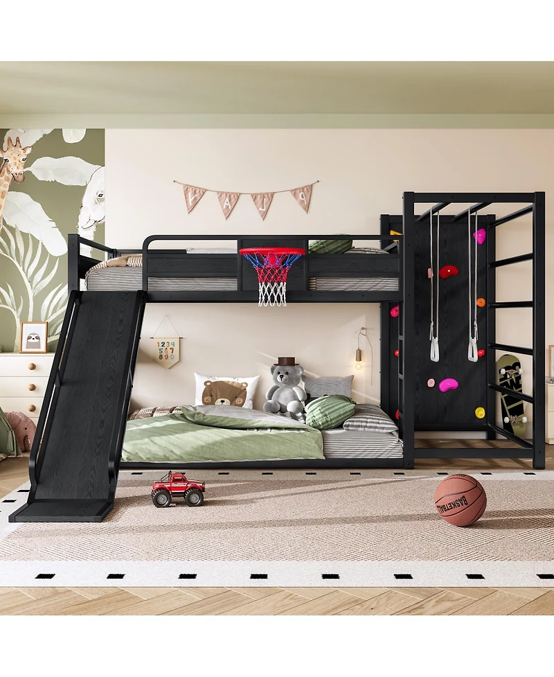 Streamdale Furniture Full size metal loft bed with basketball hoop, slide, and bookshelves.