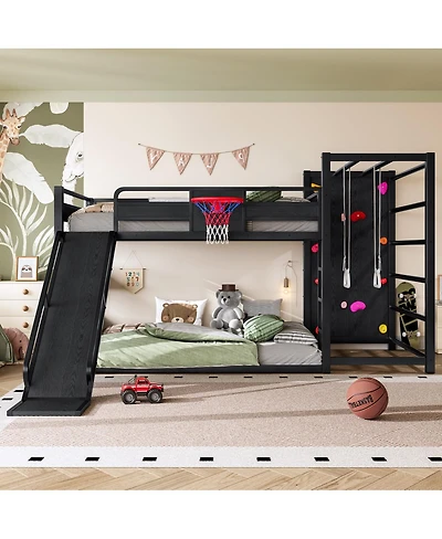 Streamdale Furniture Full size metal loft bed with basketball hoop, slide, and bookshelves.