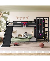 Streamdale Furniture Full size metal loft bed with basketball hoop, slide, and bookshelves.