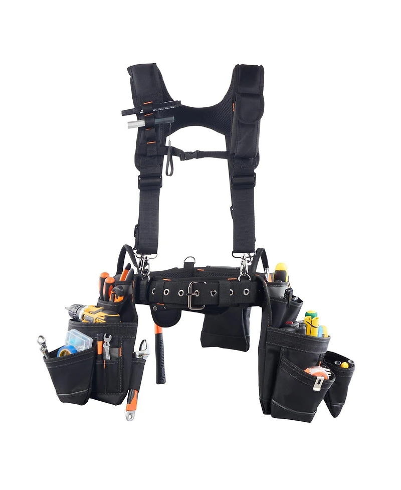 Mecale Tool Belt with Suspenders, 19 Pockets Heavy-Duty Tool Pouch, Adjustable Waist 31–51 in, Detachable Suspension Rig