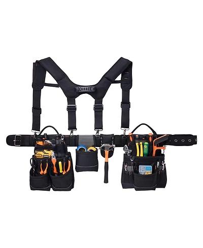Mecale Tool Belt with Suspenders, 19 Pockets Heavy-Duty Tool Pouch, Adjustable Waist 31–51 in, Detachable Suspension Rig