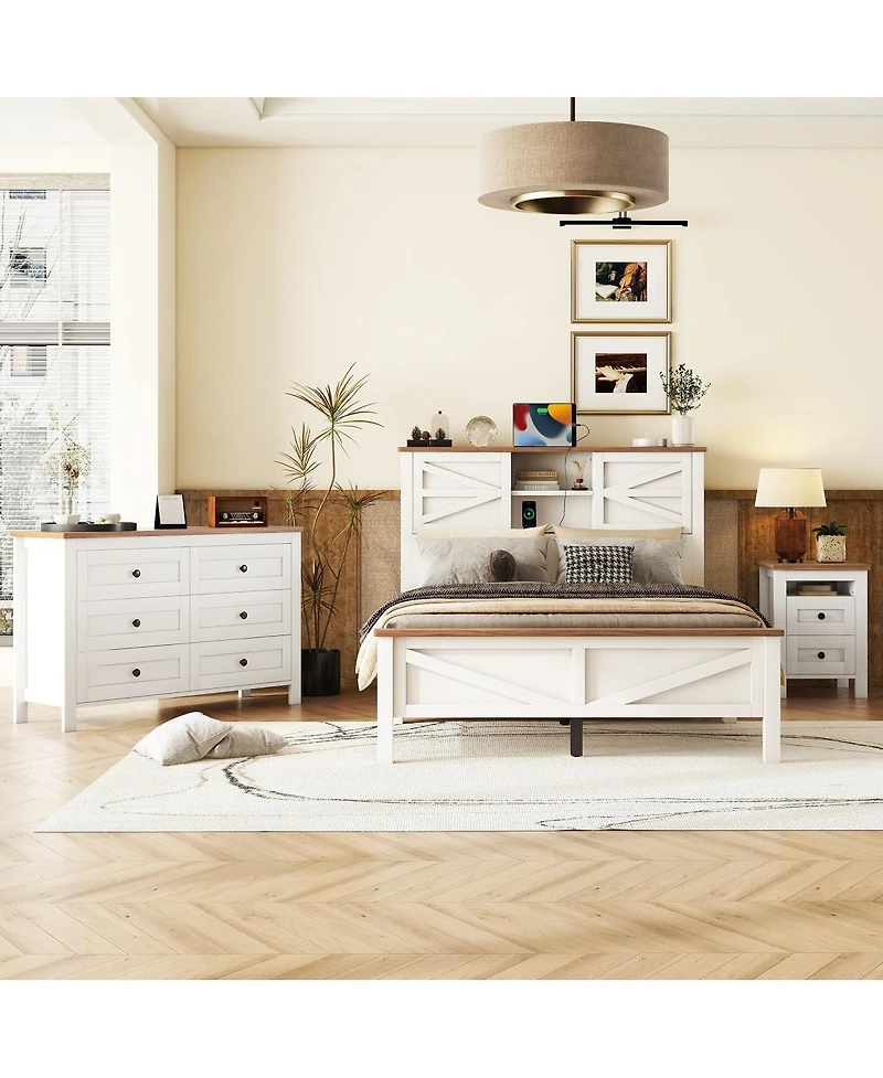 Streamdale Furniture 3-Piece Farmhouse Full Bed Set w/ Sliding Door Headboard, Nightstand & Dresser