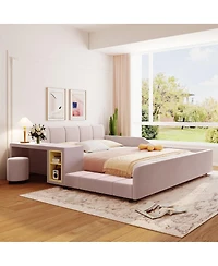 Streamdale Furniture Queen Size Upholstered Grounded Bed with Bedside Desk and Stool