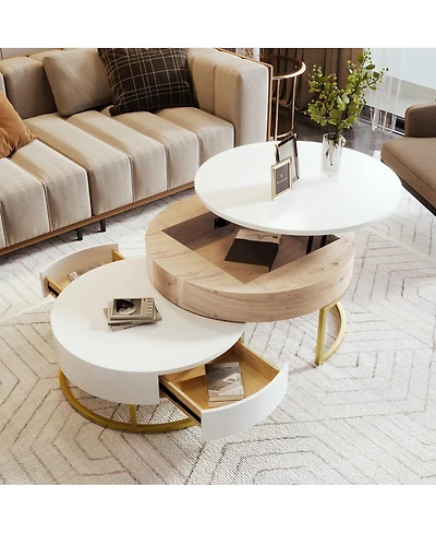 Streamdale Furniture Modern Round Lift-top Nesting Coffee Tables with 2 Drawers