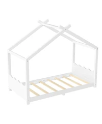 Streamdale Furniture Twin House Floor Bed with Slats, Solid Wood House Bed Frame for Kids, White