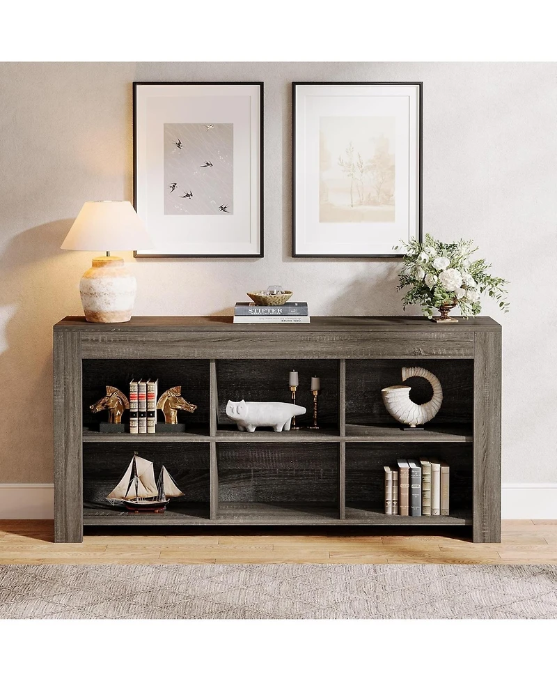 Tribesigns 63-Inch Long Console Table, Rustic Wood Entryway Table with 6 Storage Cubes, Industrial Narrow Sofa Table Behind Couch Table