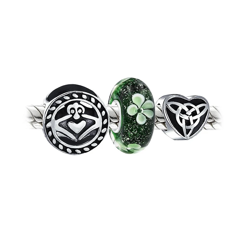 Bling Jewelry Lucky Green Clover & Knot Claddagh Charm Bead Set Sterling Silver for Bracelet