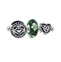 Bling Jewelry Lucky Green Clover & Knot Claddagh Charm Bead Set Sterling Silver for Bracelet