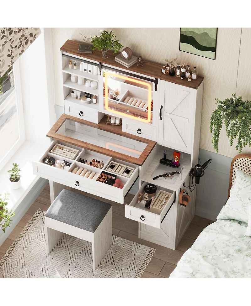 Streamdale Furniture Farmhouse Vanity Desk with Sliding Mirror, Lights, Charging