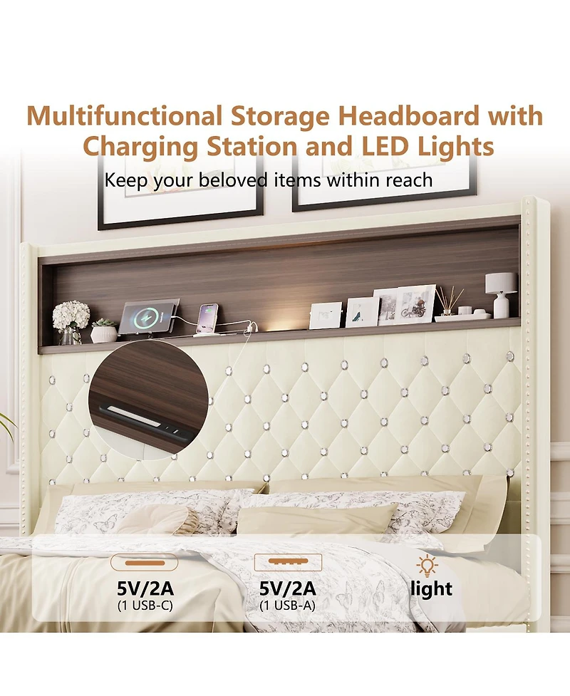 Streamdale Furniture Full Velvet Tufted Bed Frame with Usb