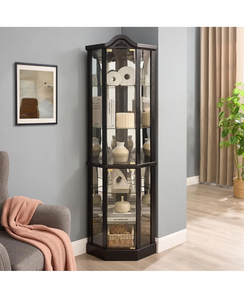 Streamdale Lighted Glass Display Corner Curio Cabinet with Adjustable Shelves - Black