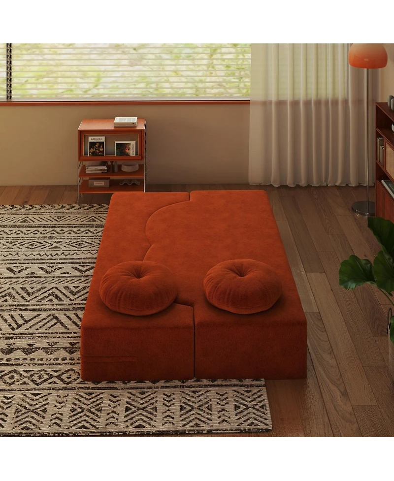 Streamdale Furniture Modern Floor Sofa with 2 Pillows, Convertible Plush Corduroy Sleeper Sofa Bed