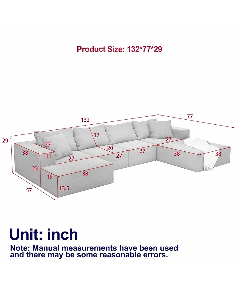 Streamdale Furniture Streamdale Modern Upholstered Sectional Boneless Couch Set, Modular 132" L Shaped Sofa Set